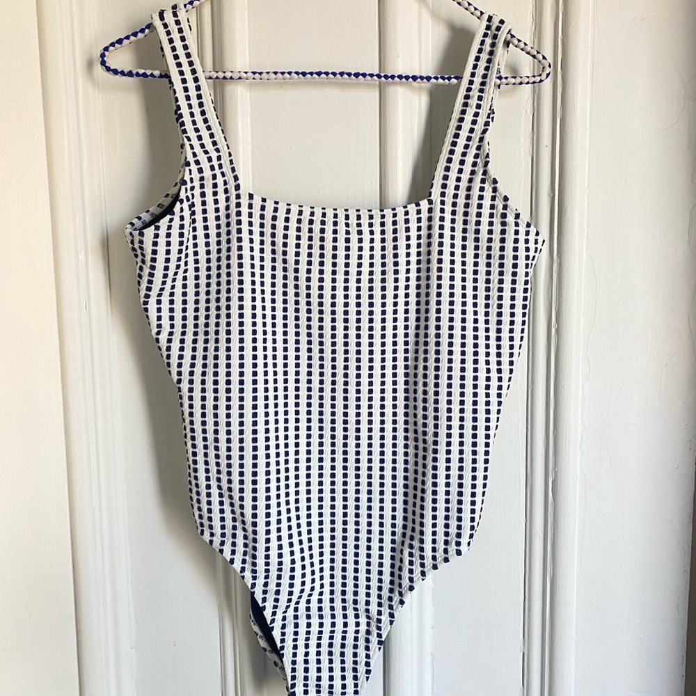 NWOT White and Navy Square-Print One-Piece Swimsuit